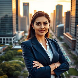 A stunning portrait of a confident businesswoman in a vibrant city environment, wearing a stylish navy blue suit with a white blouse