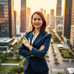 A stunning portrait of a confident businesswoman in a vibrant city environment, wearing a stylish navy blue suit with a white blouse