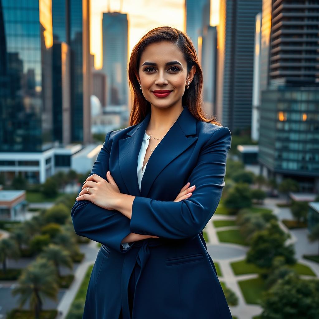 A stunning portrait of a confident businesswoman in a vibrant city environment, wearing a stylish navy blue suit with a white blouse
