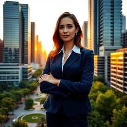 A stunning portrait of a confident businesswoman in a vibrant city environment, wearing a stylish navy blue suit with a white blouse