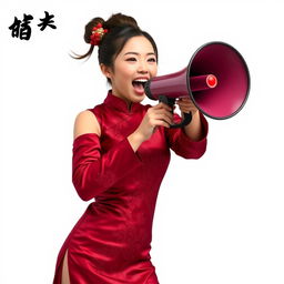 A Chinese girl wearing a sexy red maroon traditional Chinese outfit, designed to hug her curves and showcase intricate details