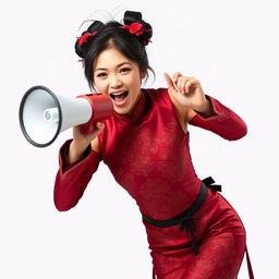 A Chinese girl wearing a sexy red maroon traditional Chinese outfit, designed to hug her curves and showcase intricate details