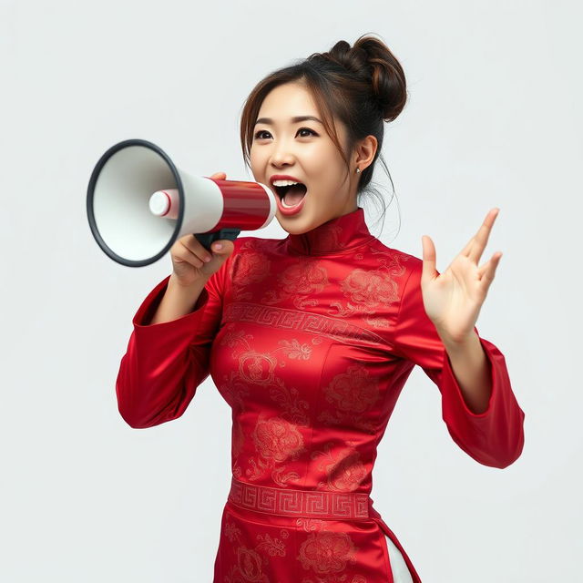 A Chinese girl wearing a sexy red maroon traditional Chinese outfit, designed to hug her curves and showcase intricate details