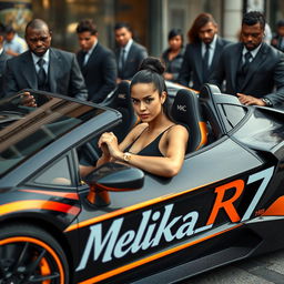 An 18-year-old woman exuding confidence and style, sitting in a strikingly cool and customized sports car