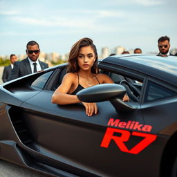 An 18-year-old woman radiating confidence, seated in a sleek and stylish sports car that stands out with its aggressive design
