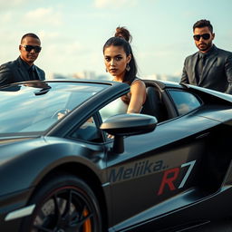 An 18-year-old woman radiating confidence, seated in a sleek and stylish sports car that stands out with its aggressive design