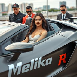 An 18-year-old woman radiating confidence, seated in a sleek and stylish sports car that stands out with its aggressive design