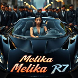 A 26-year-old woman seated confidently in an impressive and stylish sports car, showcasing a bold and dynamic design