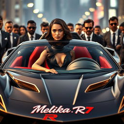 A 26-year-old woman seated confidently in an impressive and stylish sports car, showcasing a bold and dynamic design