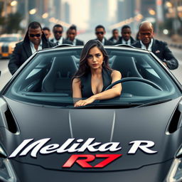 A 26-year-old woman seated confidently in an impressive and stylish sports car, showcasing a bold and dynamic design