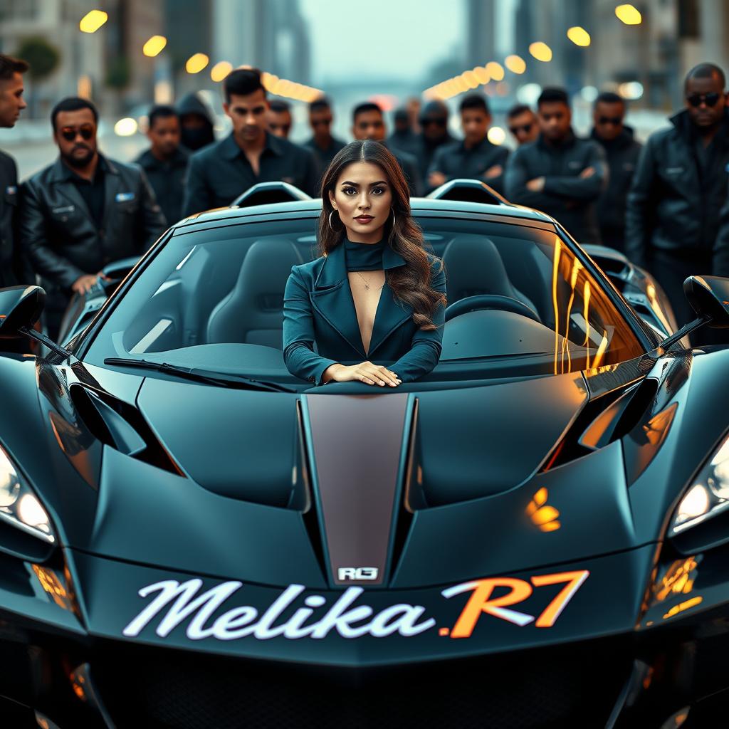A 26-year-old woman seated confidently in an impressive and stylish sports car, showcasing a bold and dynamic design