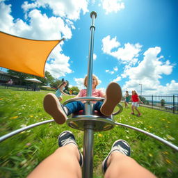 A captivating scene captured from the viewpoint of an individual seated on a simple metal merry-go-round, surrounded by a playground setting filled with lush green grass and scattered wildflowers