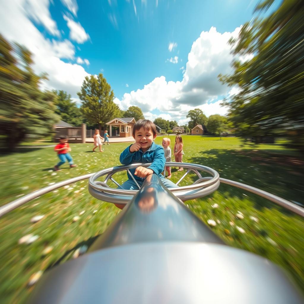 A captivating scene captured from the viewpoint of an individual seated on a simple metal merry-go-round, surrounded by a playground setting filled with lush green grass and scattered wildflowers