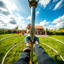 A captivating scene captured from the viewpoint of an individual seated on a simple metal merry-go-round, surrounded by a playground setting filled with lush green grass and scattered wildflowers