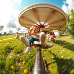 A captivating scene captured from the viewpoint of an individual seated on a simple metal merry-go-round, surrounded by a playground setting filled with lush green grass and scattered wildflowers