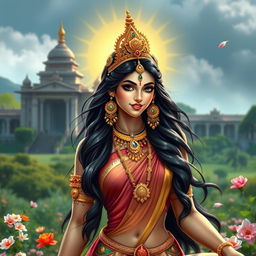 A beautiful Indian goddess depicted in an elegant pose, showcasing her stunning features and radiant attire