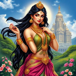 A beautiful Indian goddess depicted in an elegant pose, showcasing her stunning features and radiant attire