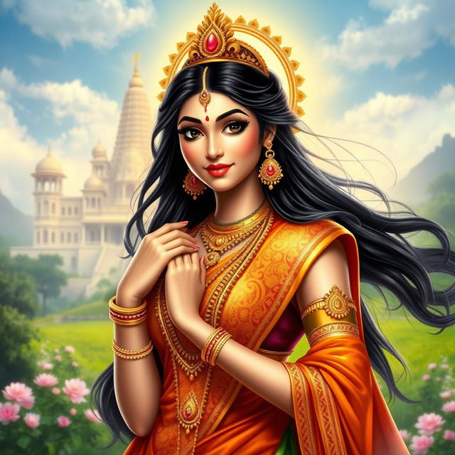 A beautiful Indian goddess depicted in an elegant pose, showcasing her stunning features and radiant attire