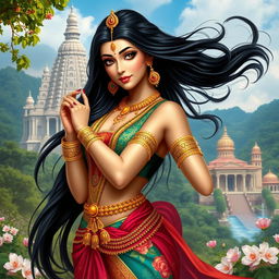 A beautiful Indian goddess depicted in an elegant pose, showcasing her stunning features and radiant attire