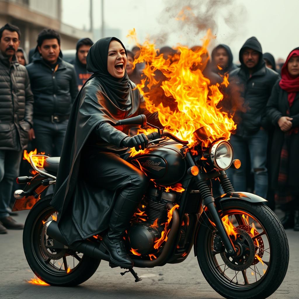 A horrifying scene of a woman engulfed in flames on a motorcycle, burning completely