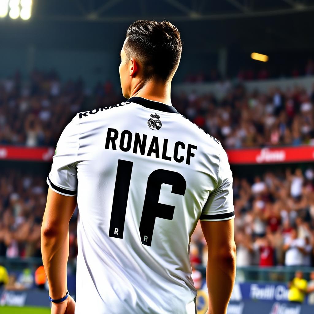 Cristiano Ronaldo wearing the iconic Real Madrid jersey, showcasing his athletic build and charismatic presence