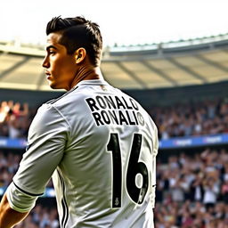 Cristiano Ronaldo wearing the iconic Real Madrid jersey, showcasing his athletic build and charismatic presence