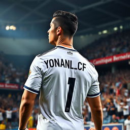 Cristiano Ronaldo wearing the iconic Real Madrid jersey, showcasing his athletic build and charismatic presence