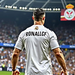 Cristiano Ronaldo wearing the iconic Real Madrid jersey, showcasing his athletic build and charismatic presence