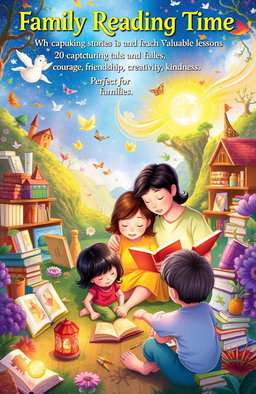 A magical world filled with enchanting stories that captivate and teach valuable lessons, showcasing a collection titled 'Family Reading Time' featuring 20 captivating tales and fables
