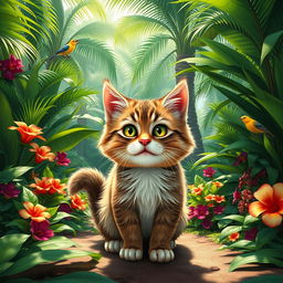 A humorous scene of a cat in a lush, green jungle, playfully farting