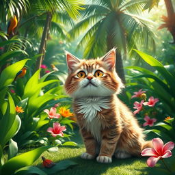 A humorous scene of a cat in a lush, green jungle, playfully farting