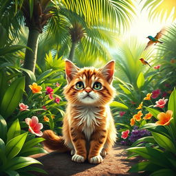 A humorous scene of a cat in a lush, green jungle, playfully farting