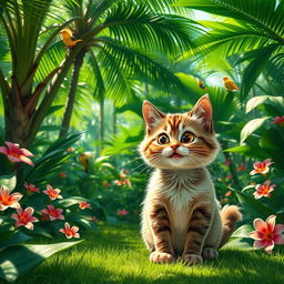 A humorous scene of a cat in a lush, green jungle, playfully farting