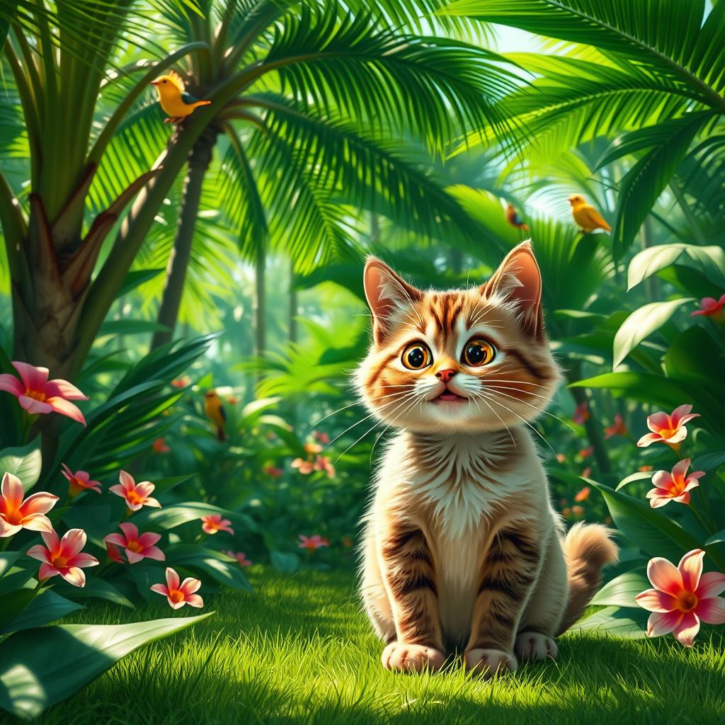 A humorous scene of a cat in a lush, green jungle, playfully farting
