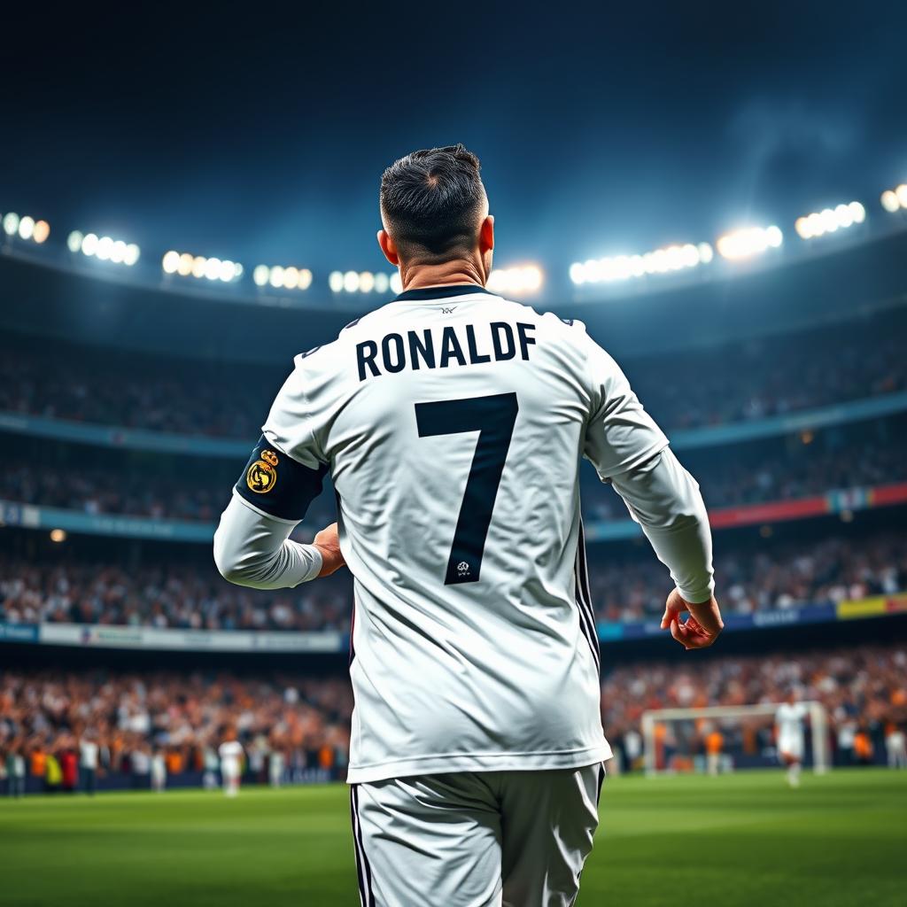 Cristiano Ronaldo wearing the famous Real Madrid jersey, exuding confidence and charisma
