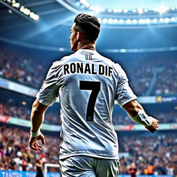 Cristiano Ronaldo wearing the famous Real Madrid jersey, exuding confidence and charisma