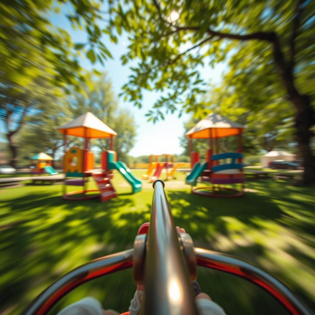 A whimsical perspective from a person sitting on a simple metal merry-go-round, capturing the sensation of spinning quickly