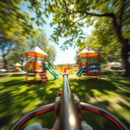 A whimsical perspective from a person sitting on a simple metal merry-go-round, capturing the sensation of spinning quickly