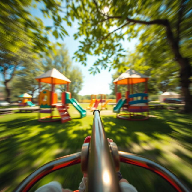 A whimsical perspective from a person sitting on a simple metal merry-go-round, capturing the sensation of spinning quickly