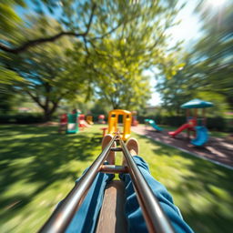 A whimsical perspective from a person sitting on a simple metal merry-go-round, capturing the sensation of spinning quickly