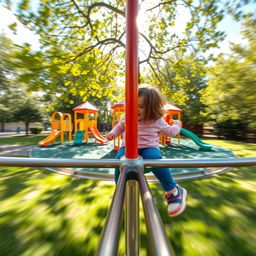 A whimsical perspective from a person sitting on a simple metal merry-go-round, capturing the sensation of spinning quickly