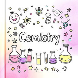A dazzling and aesthetic DIY book cover for chemistry, bursting with vibrant colors and cute, whimsical illustrations