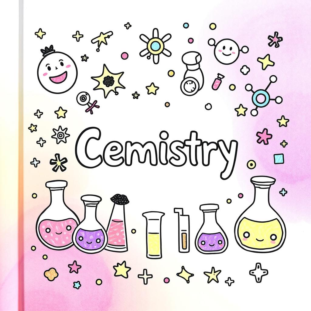 A dazzling and aesthetic DIY book cover for chemistry, bursting with vibrant colors and cute, whimsical illustrations
