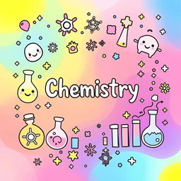 A dazzling and aesthetic DIY book cover for chemistry, bursting with vibrant colors and cute, whimsical illustrations
