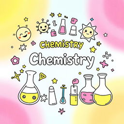 A dazzling and aesthetic DIY book cover for chemistry, bursting with vibrant colors and cute, whimsical illustrations