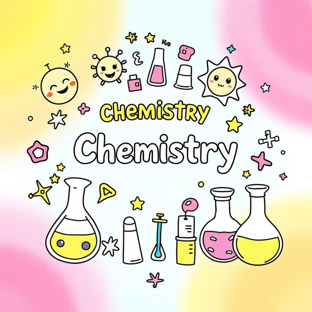 A dazzling and aesthetic DIY book cover for chemistry, bursting with vibrant colors and cute, whimsical illustrations