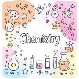 A dazzling and aesthetic DIY book cover for chemistry, bursting with vibrant colors and cute, whimsical illustrations