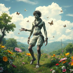 A surreal representation of a human with four legs, artistically designed to merge human anatomy with elements of fantasy