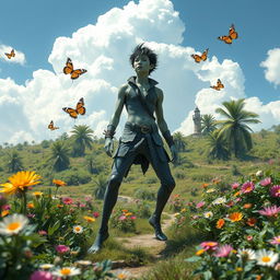 A surreal representation of a human with four legs, artistically designed to merge human anatomy with elements of fantasy