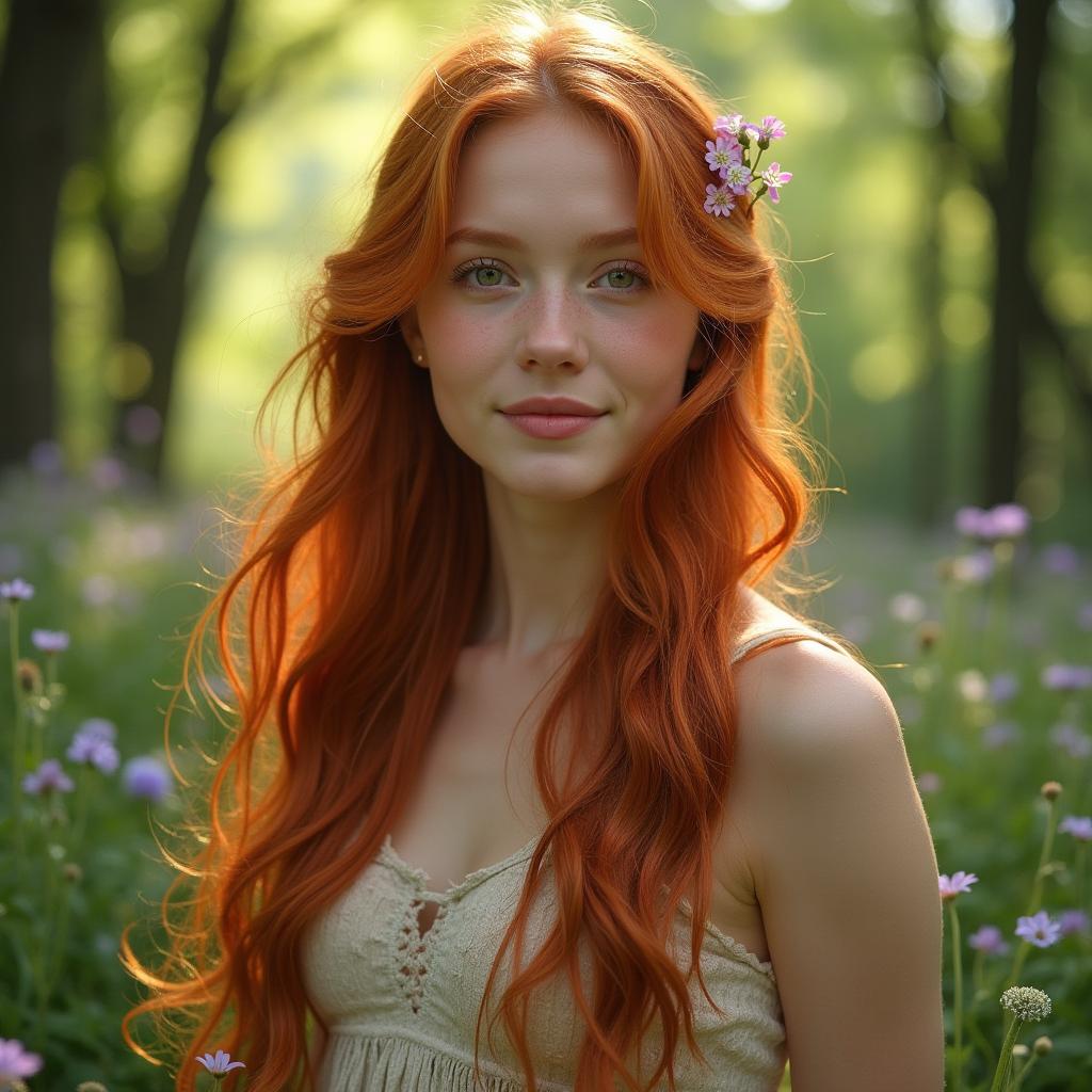 A beautiful young redheaded woman standing in a picturesque forest, her long hair cascading down her back, adorned with delicate flowers